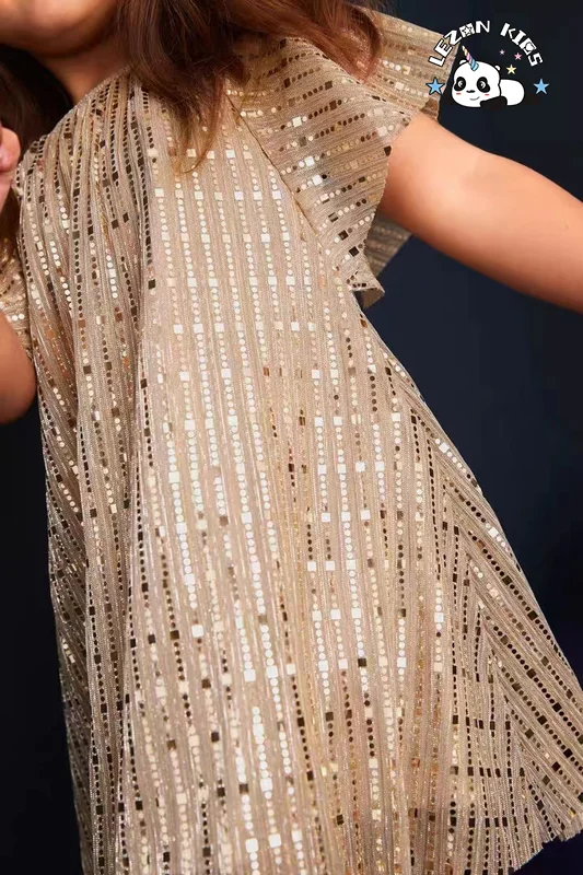 LEZONKIDS - Customizable High Quality Pretty Glitter Kids Dress Princess Dress Short Sleeves Angel Sequin Girls Dress